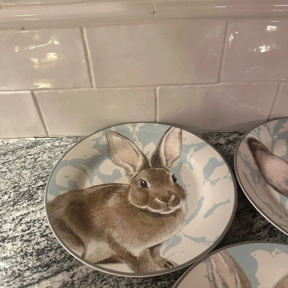 Williams Sonoma Damask Bunny Salad Plates Set Of 3